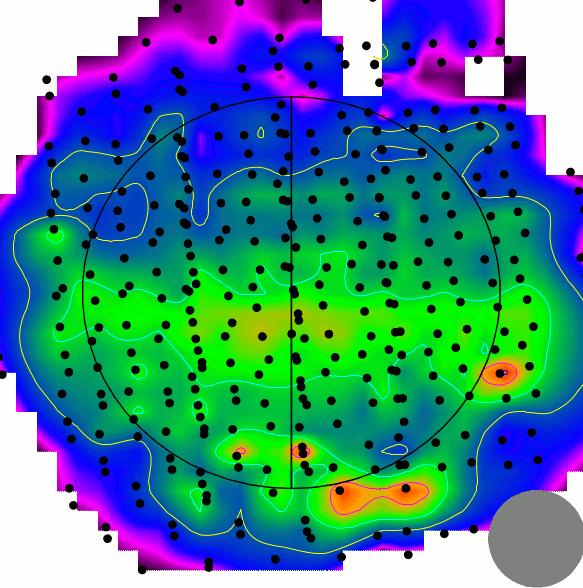 Rainbow-hued blob speckled with black dots.